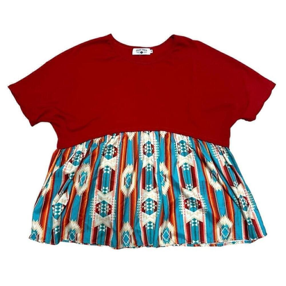 Crazy Train Red & Turquoise Tribal Print Oversized Boho WesternTop - Size M - Picture 4 of 11